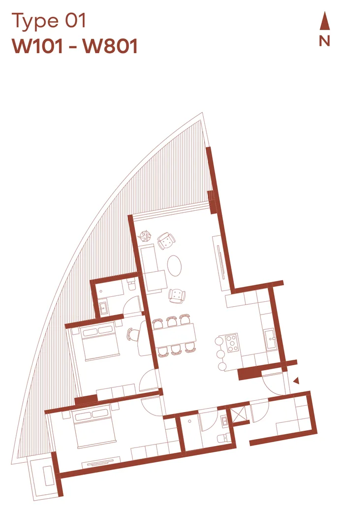 2 Bedrooms – Type 01 W101 to W801 floor plan